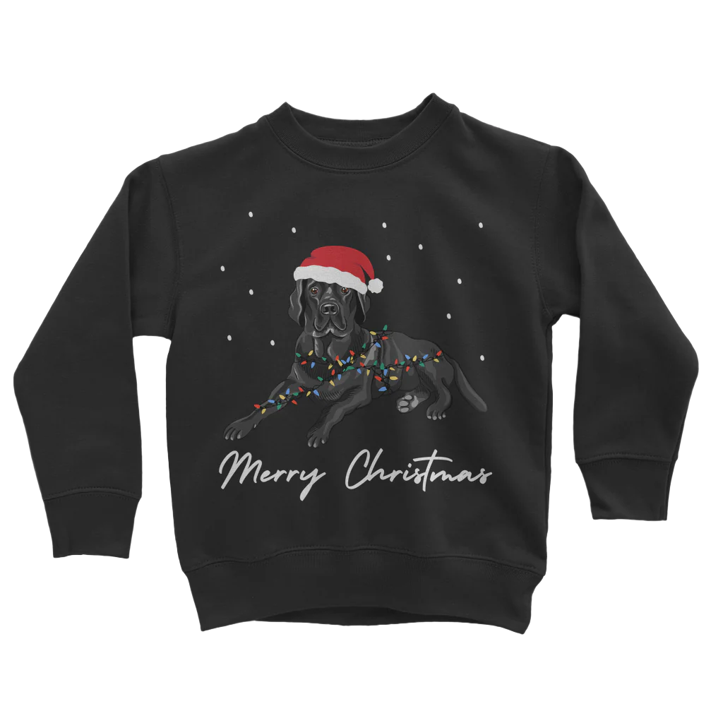 Kids black Christmas sweatshirt featuring a black Labrador wearing a Santa hat and wrapped in colourful fairy lights, with "Merry Christmas" text underneath.