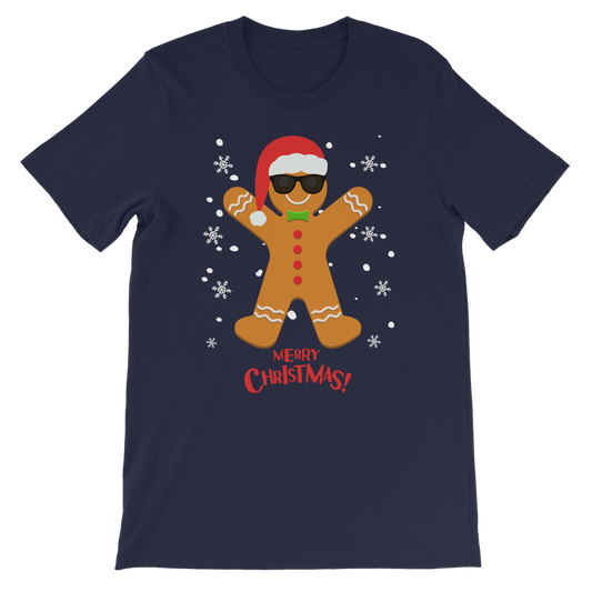 Blue t-shirt with cartoon gingerbread man wearing sun glasses and a Christmas hat