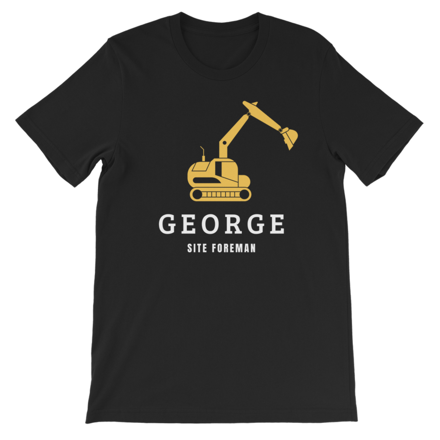 Children's black cotton t-shirt with a yellow digger graphic and personalised name with “Site Foreman” text.
