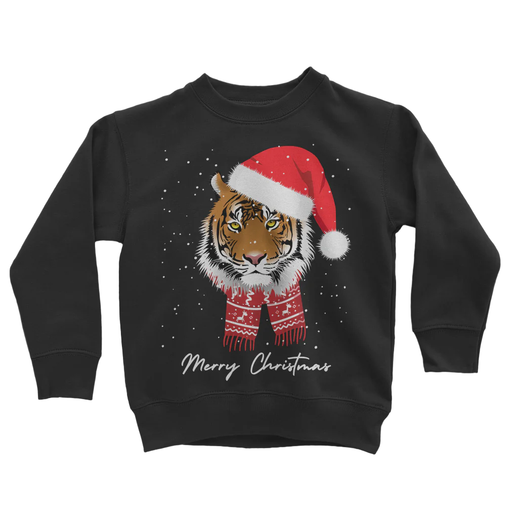 Kids black sweatshirt with a festive design featuring a tiger's face with a Santa hat and scarf, and the text 'Merry Christmas'.