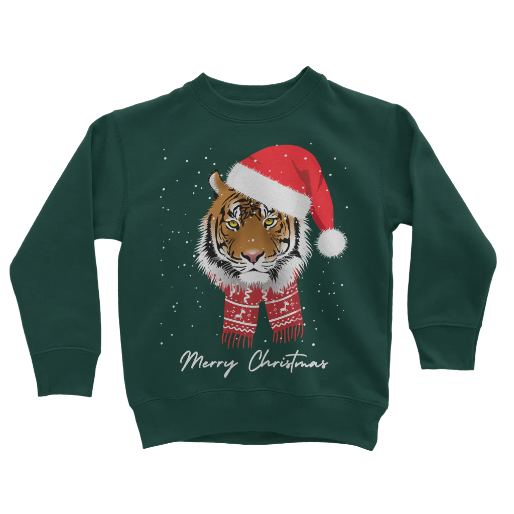 Kids dark green sweatshirt with a festive design featuring a tiger's face with a Santa hat and scarf, and the text 'Merry Christmas'.