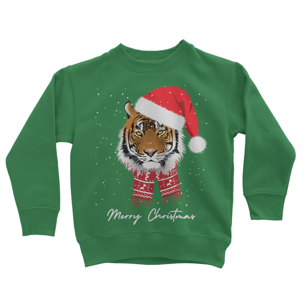 Kids green sweatshirt with a festive design featuring a tiger's face with a Santa hat and scarf, and the text 'Merry Christmas'.