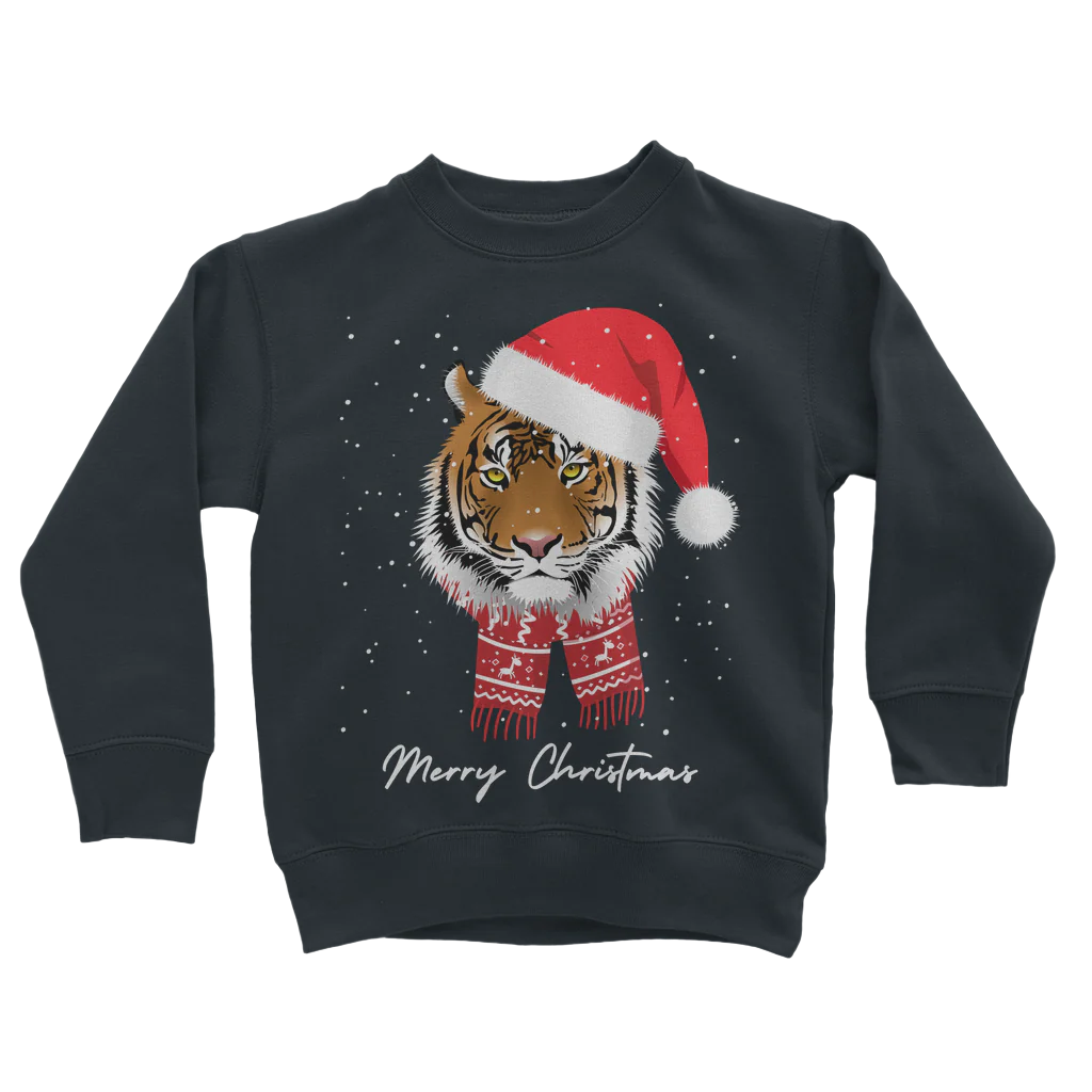 Kids navy sweatshirt with a festive design featuring a tiger's face with a Santa hat and scarf, and the text 'Merry Christmas'.