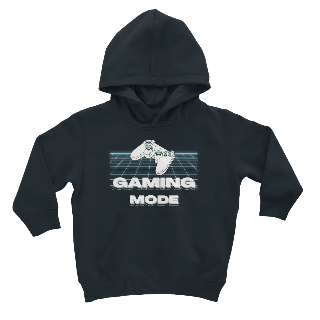 kids navy pullover hoodie with a 'Gaming Mode' graphic and a neon grid pattern on the front.