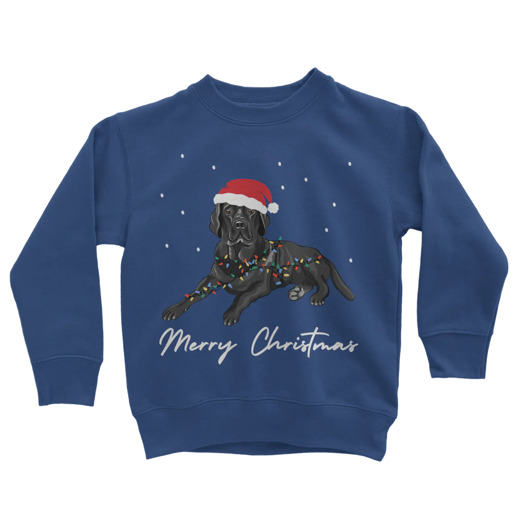 Kids blue Christmas sweatshirt featuring a black Labrador wearing a Santa hat and wrapped in colourful fairy lights, with "Merry Christmas" text underneath.