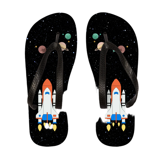 A pair of kids flip flops with a space rocket and planets design on a black background.
