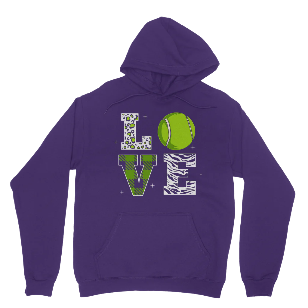 Adults purple pullover hoodie with a tennis-themed print design, including the word 'LOVE' in different patterns and a green tennis ball graphic.