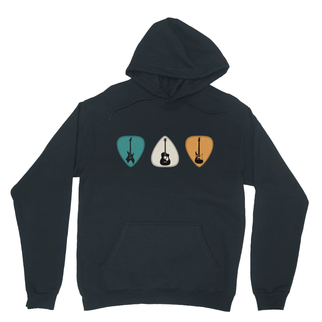 Adults navy pullover hoodie with a vintage design of guitars and plectrums holding a real guitar.
