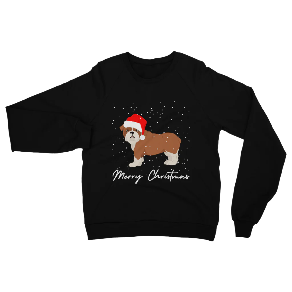 Black Christmas sweatshirt with an English Bulldog in a Santa hat, snow falling, and “Merry Christmas” text below