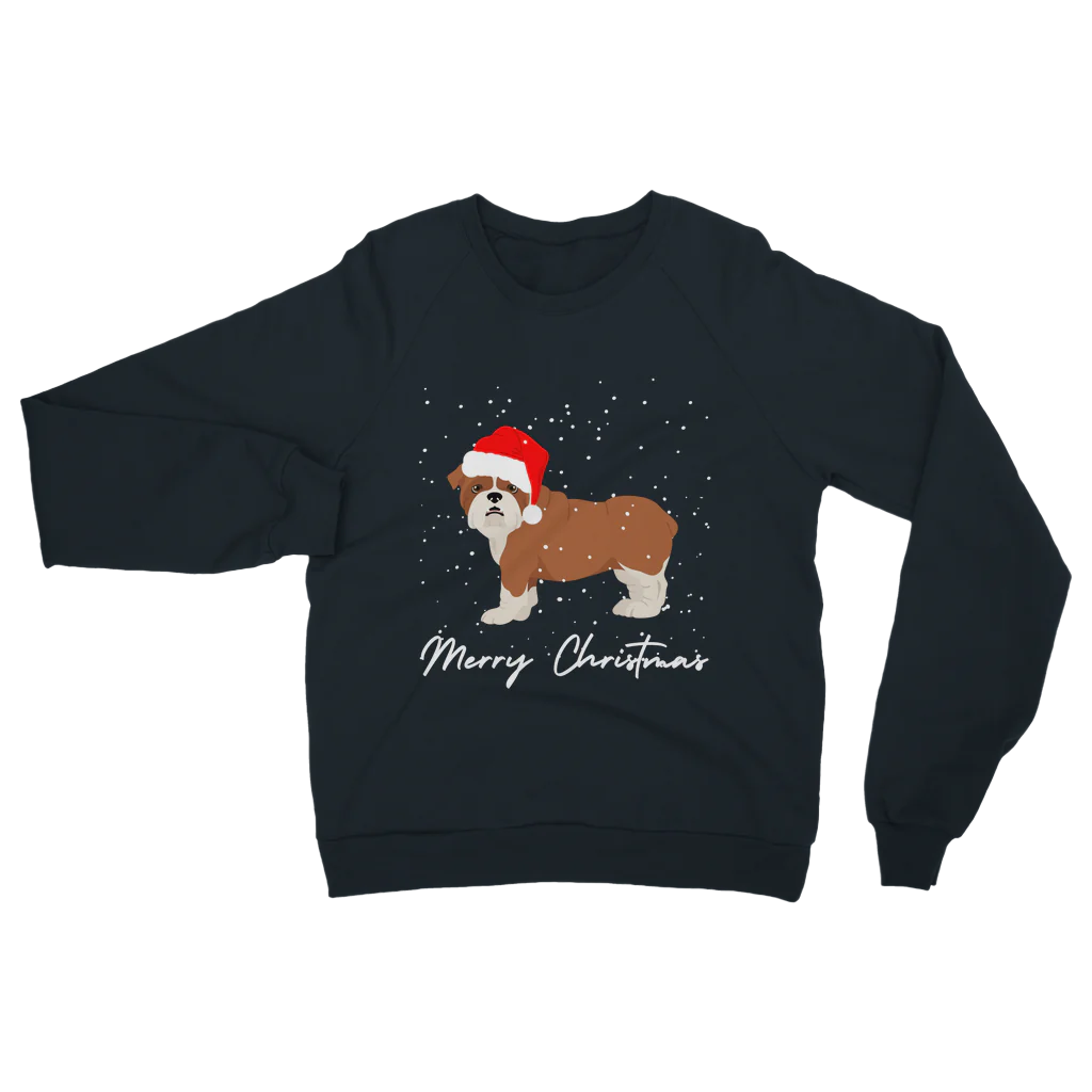 Navy Christmas sweatshirt with an English Bulldog in a Santa hat, snow falling, and “Merry Christmas” text below