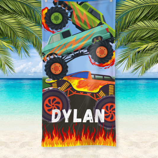 Kids Monster Truck beach towel with personalised custom name