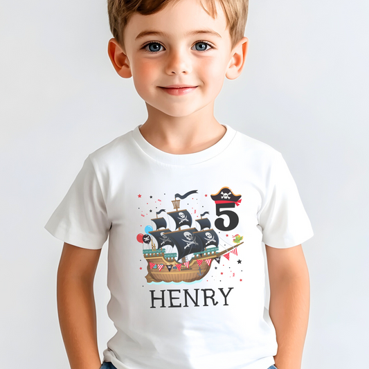 Kids Birthday Pirate Ship Personalised T-shirt | 3 - 9 years