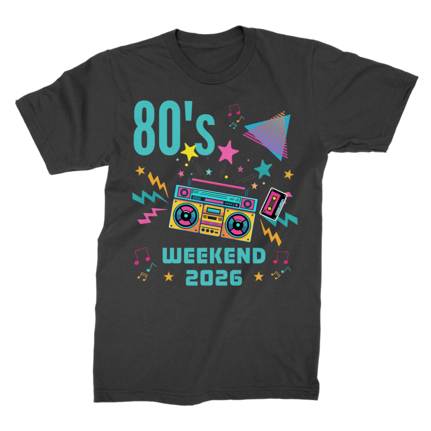 80s Weekend 2026 with blue text - party t-shirt with neon retro graphic, adults unisex festival tee laid flat on white background