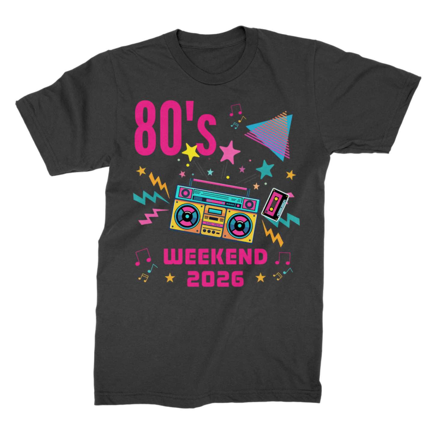 80s Weekend 2026 with pink text - party t-shirt with neon retro graphic, adults unisex festival tee laid flat on white background
