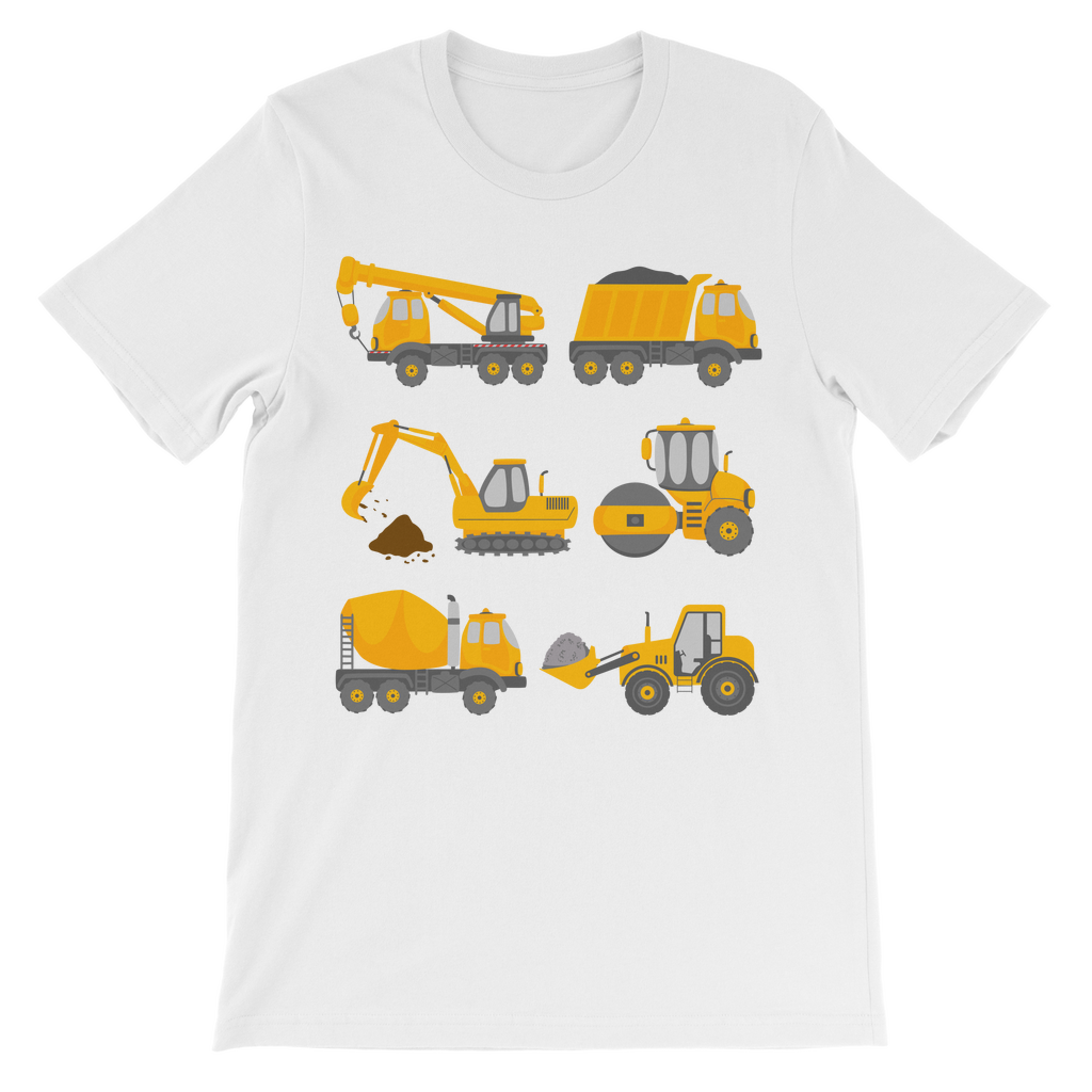 Children's white t-shirt with printed diggers and construction vehicles
