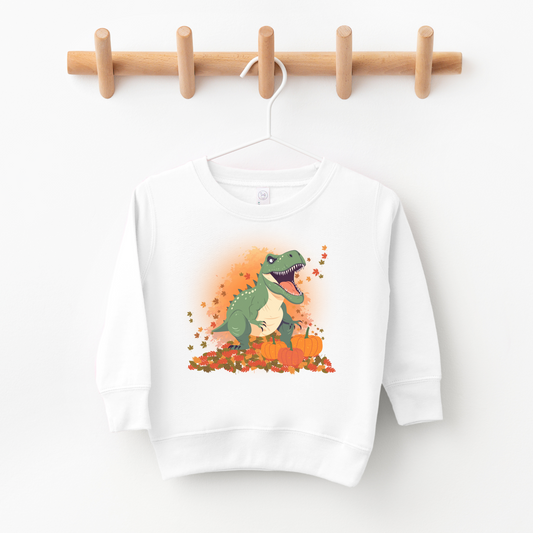 A white sweatshirt with printed autumn T-rex and pumpkins design 