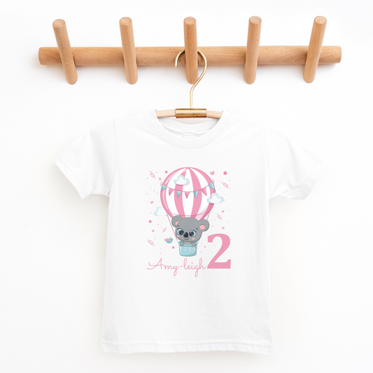 Girls Personalised Hot Air Balloon Birthday Koala T-shirt | 1 - 8 years