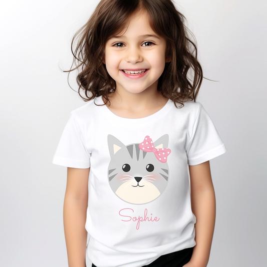 Girls Personalised Cat with Pink Bow T-shirt