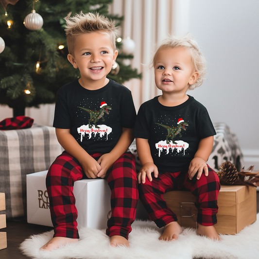 Dinosaur wrapped in Xmas lights - Kids Christmas T-shirt