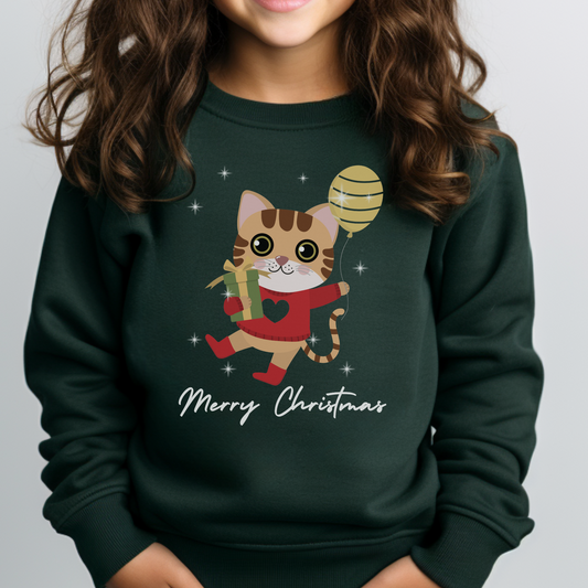 Girls Festive Cute Cat Christmas Sweatshirt
