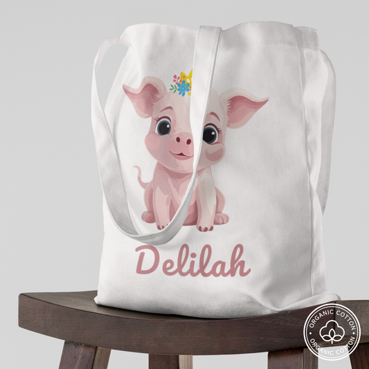 Girls Personalised Princess Pig Tote Bag | Organic Cotton