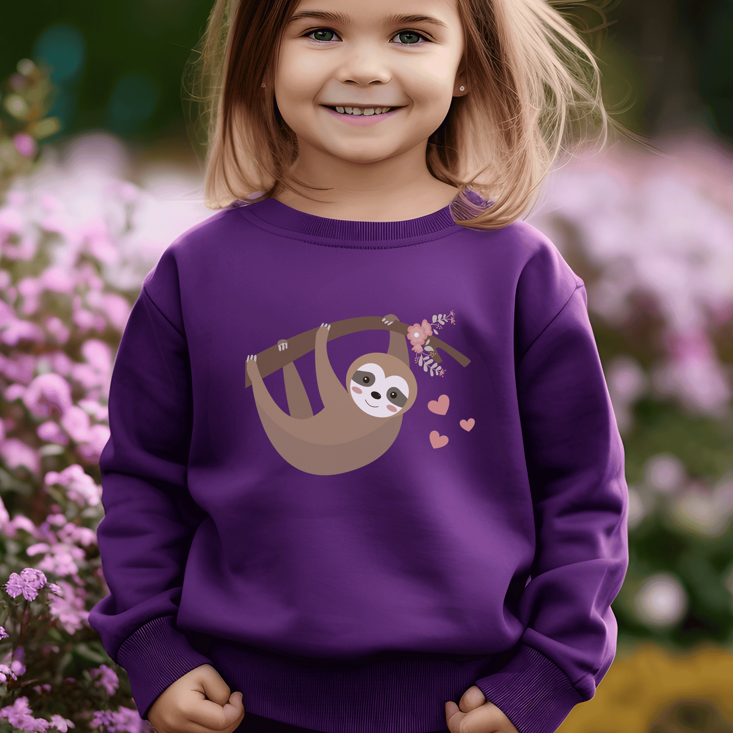 Graphic printed Sloth hanging from a branch with flowers and pink hearts - girls purple sweatshirt jumper