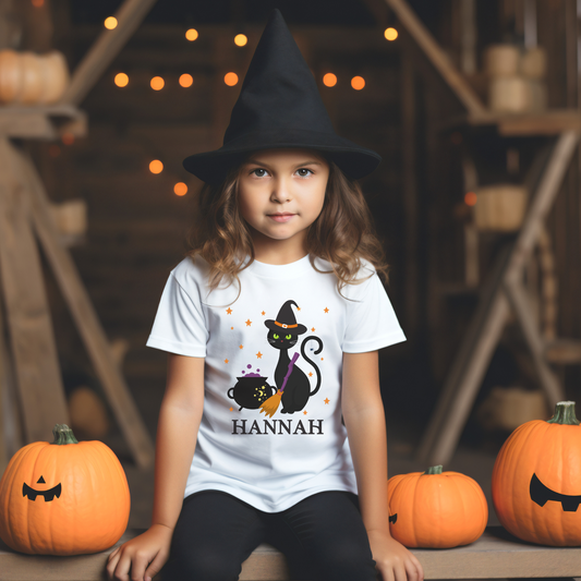 Halloween Black Cat - Girls Personalised Halloween T-shirt