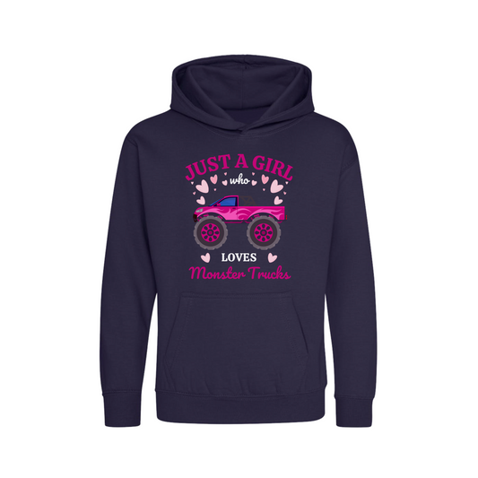 Just a Girl who loves Monster Trucks - Girls Pullover Hoodie | 3 - 13 years