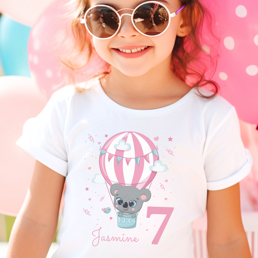 Girls Personalised Hot Air Balloon Birthday Koala T-shirt | 1 - 8 years