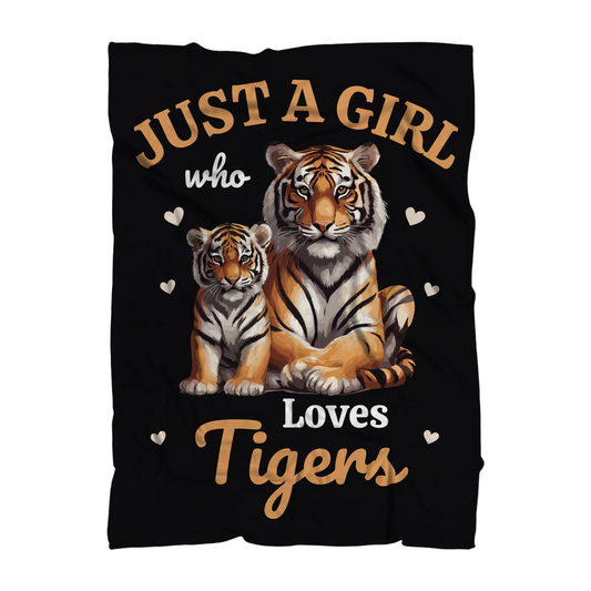 A blck blanket with a printed tigers design, hearts and the wording just a girl who loves tigers