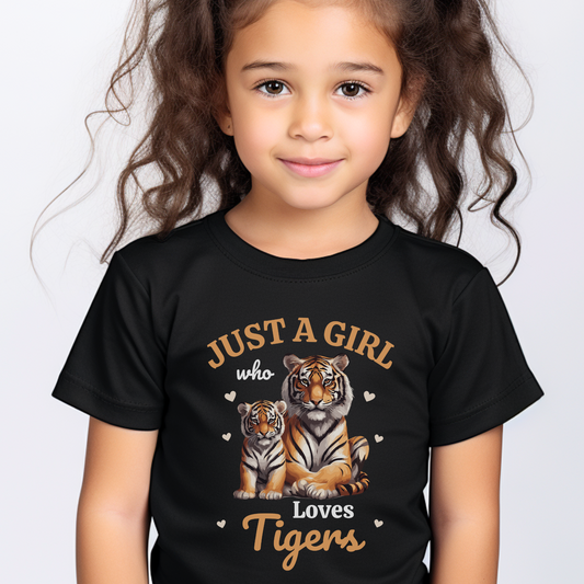 Just a Girl who loves tigers, girls black printed t-shirt