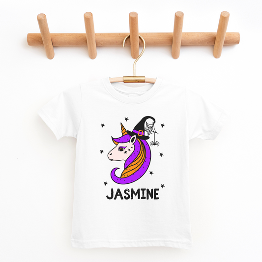 Girls Spooky Halloween Themed Unicorn Witches Hat Personalised Printed T-shirt