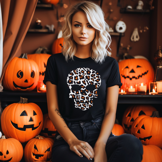 Leopard Print Skull  - Women's Halloween T-shirt