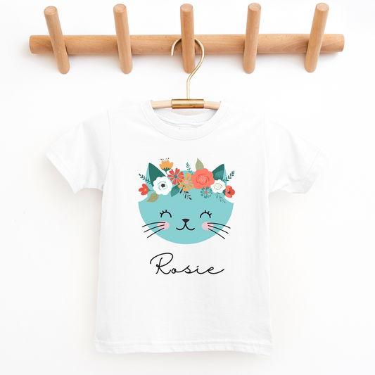 Girls personalised white short sleeve t-shirt with printed blue cat and flowers  