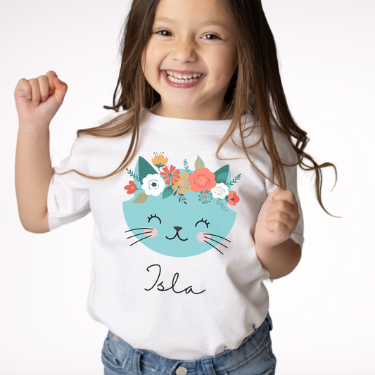 Blue Floral Cat - Girls Personalised Cat T-shirt | 3 - 13 years