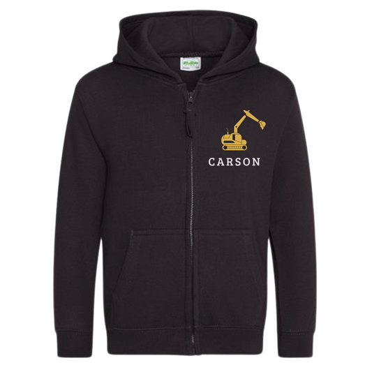 A black zipped hoodie with a printed digger design and personalised name in white