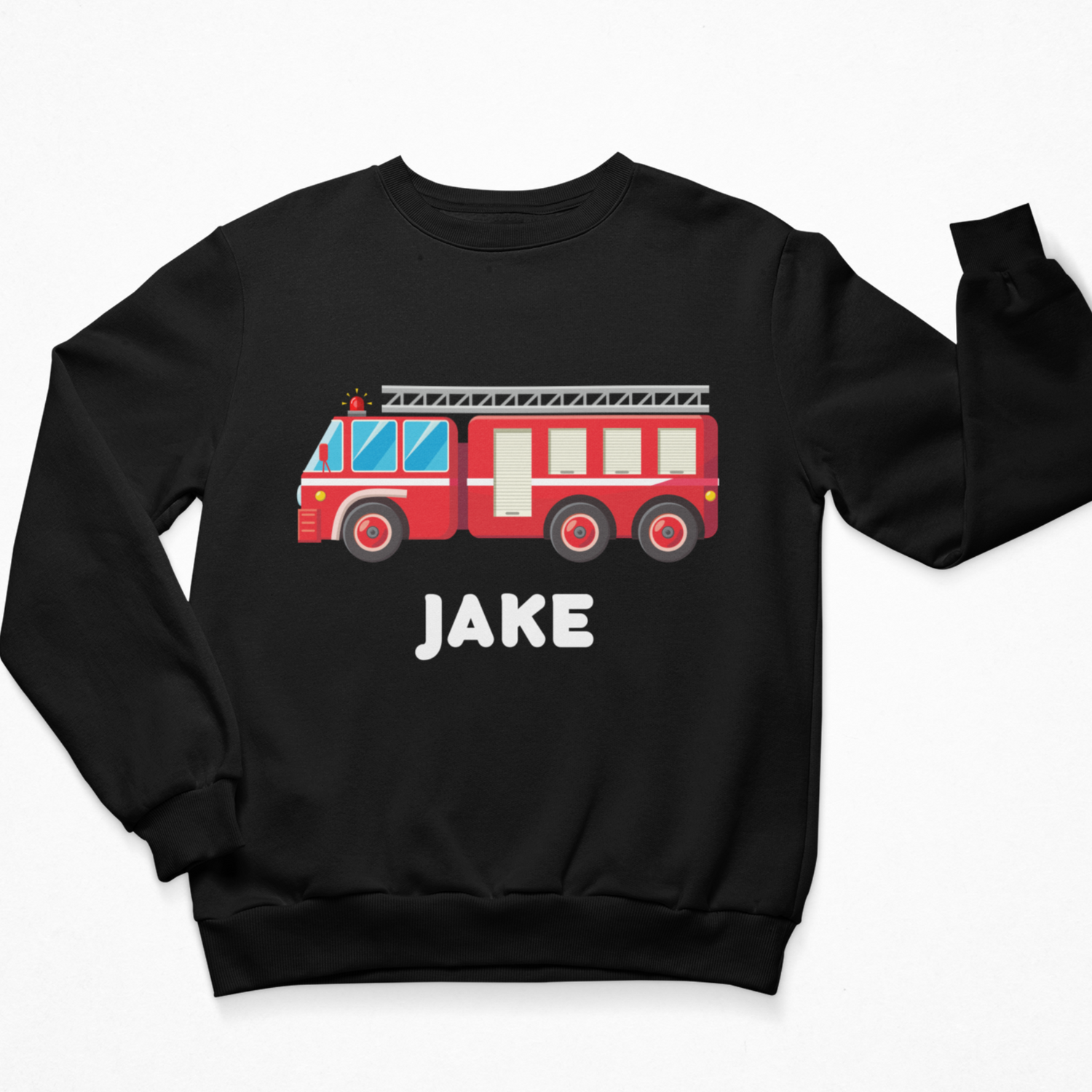 A black sweatshirt with a printed fire engine design and personalised name  in white 