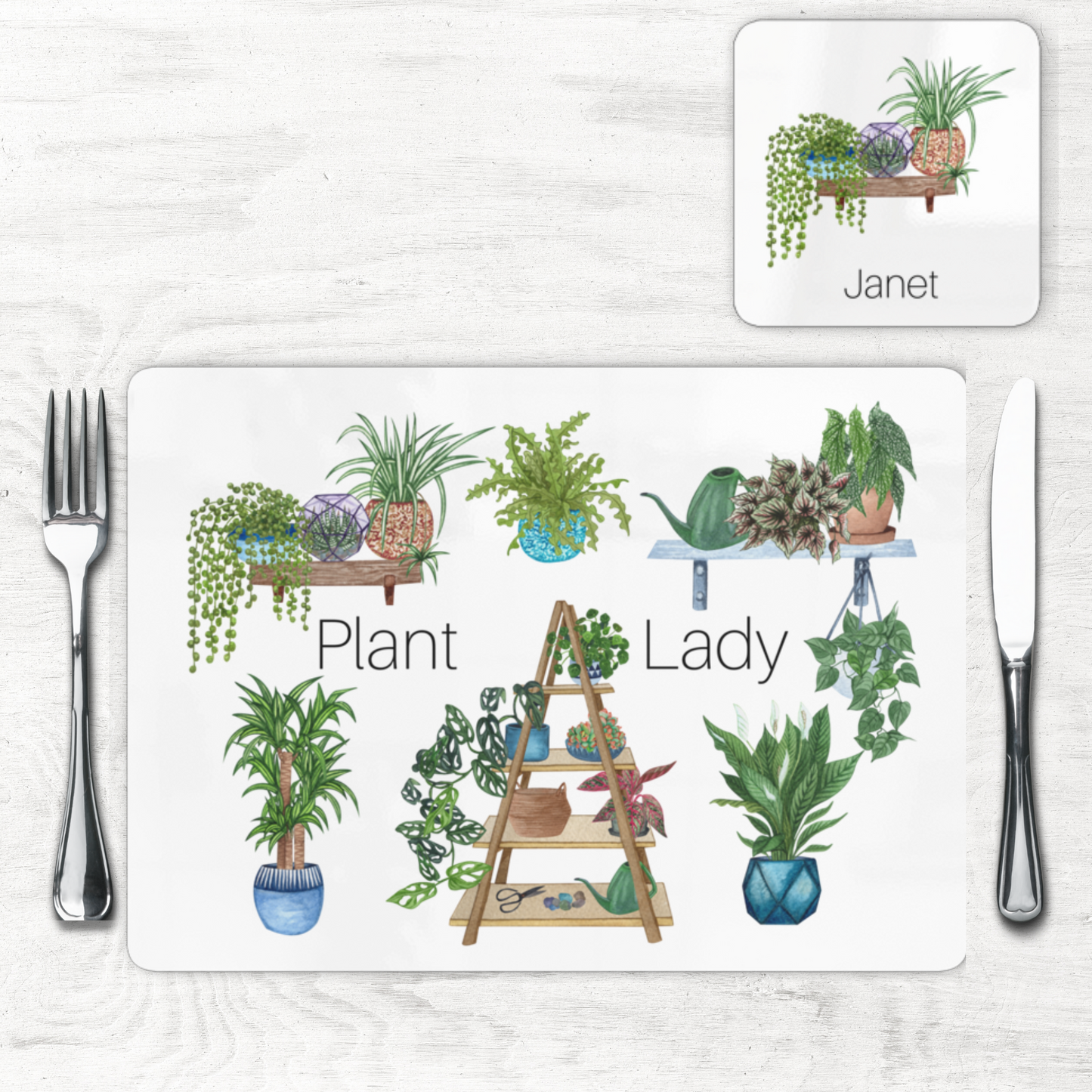 Plant Lady Placemat and Personalised Drinks Coaster Set