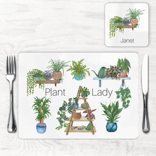 Plant Lady Large Cork-Back Placemat and Personalised Drinks Coaster Set