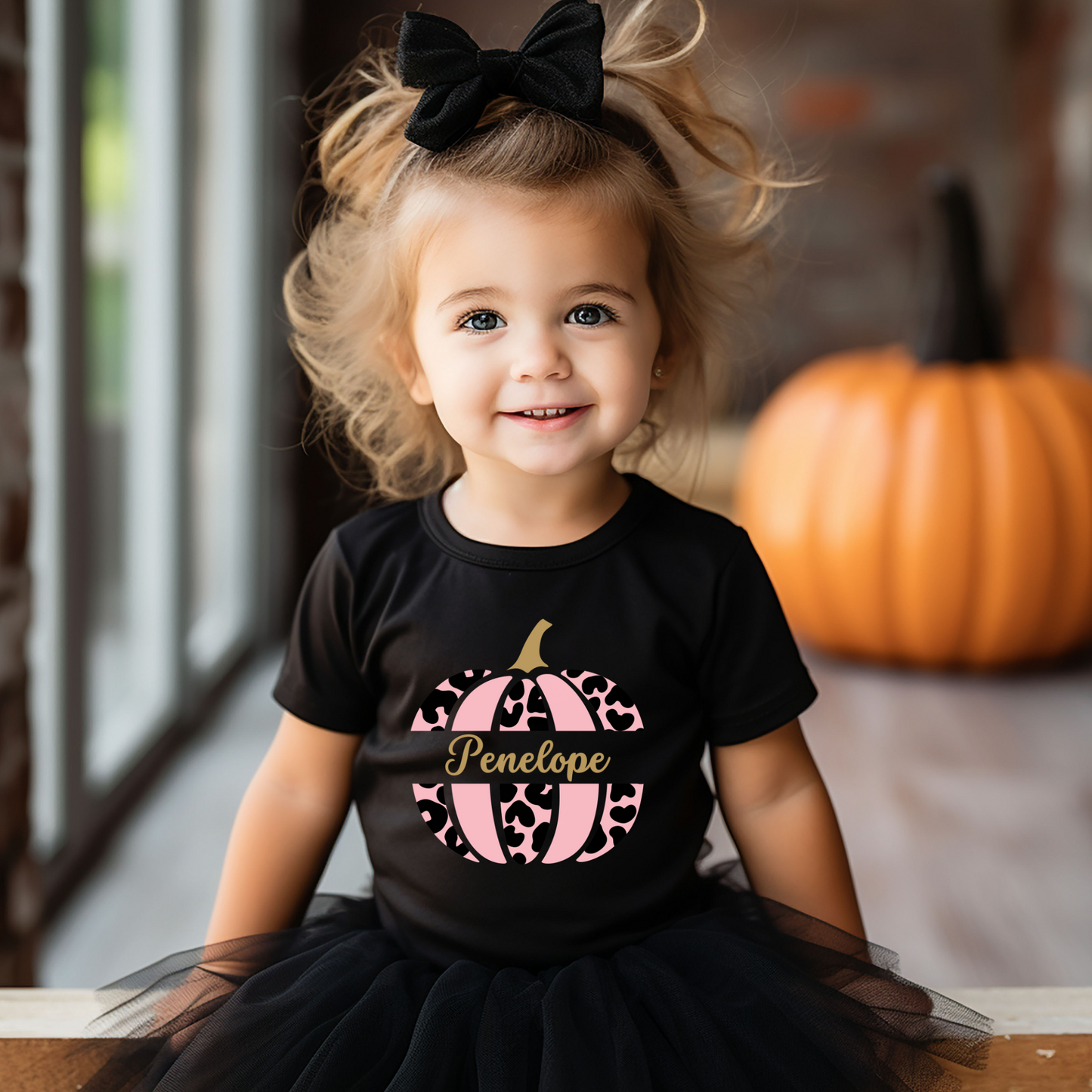 Cute Leopard Print Personalised Pumpkin - Girls Halloween T-shirt