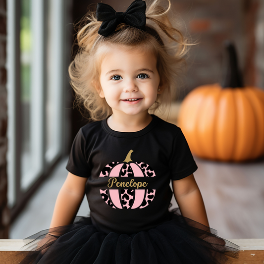 Cute Leopard Print Halloween Pumpkin - Girls Personalised T-shirt