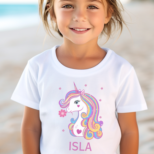 Unicorn & Flowers - Girls Personalised Unicorn T-shirt | 3 - 13 years