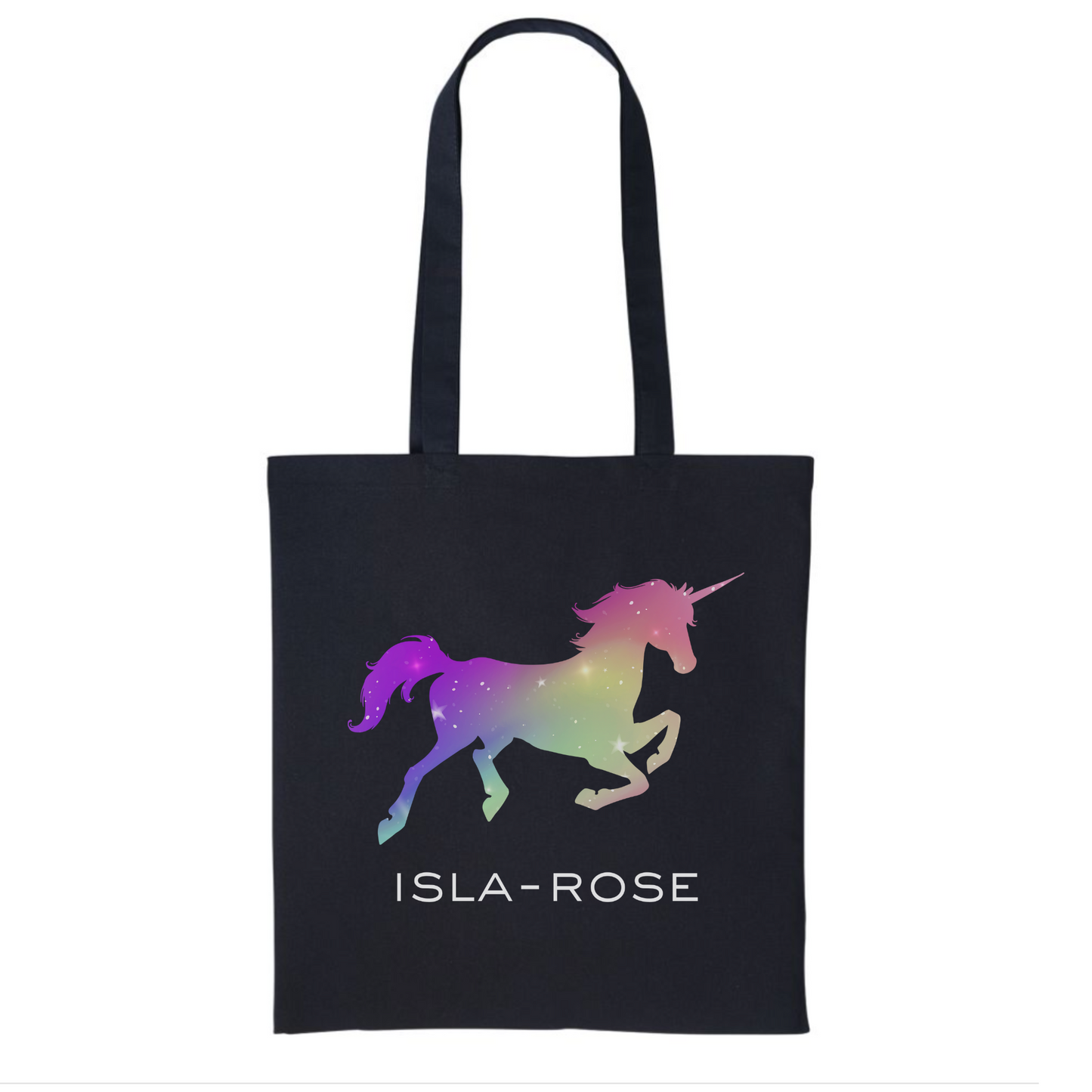 Unicorn Gift - Girls Personalised Unicorn Tote Bag - Black Cotton