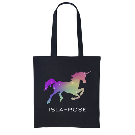 Unicorn Gift - Girls Personalised Unicorn Tote Bag - Black Cotton