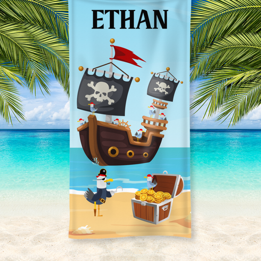 Pirate Seagulls - Kids Personalised Beach Towel | 100 x 190 cm