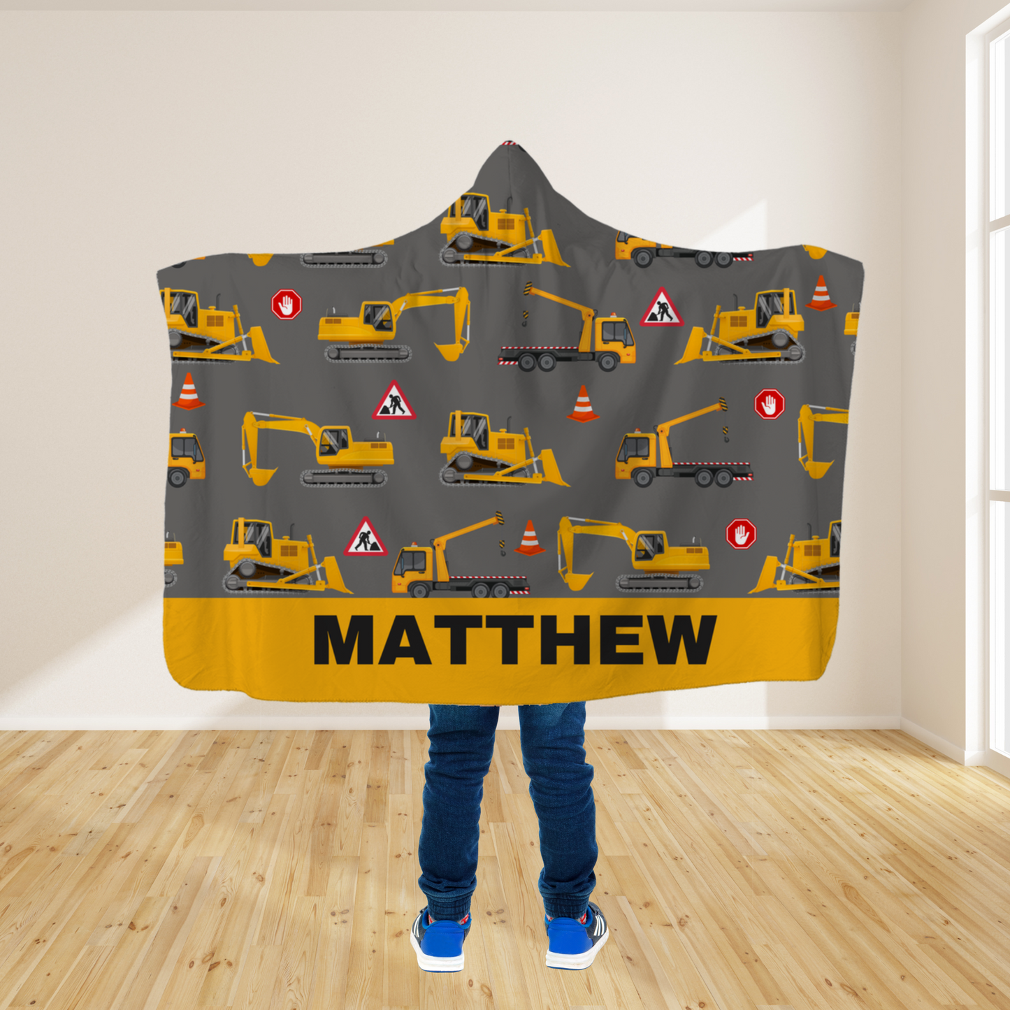 Kids Personalised Roadworks & Diggers Hooded Blanket