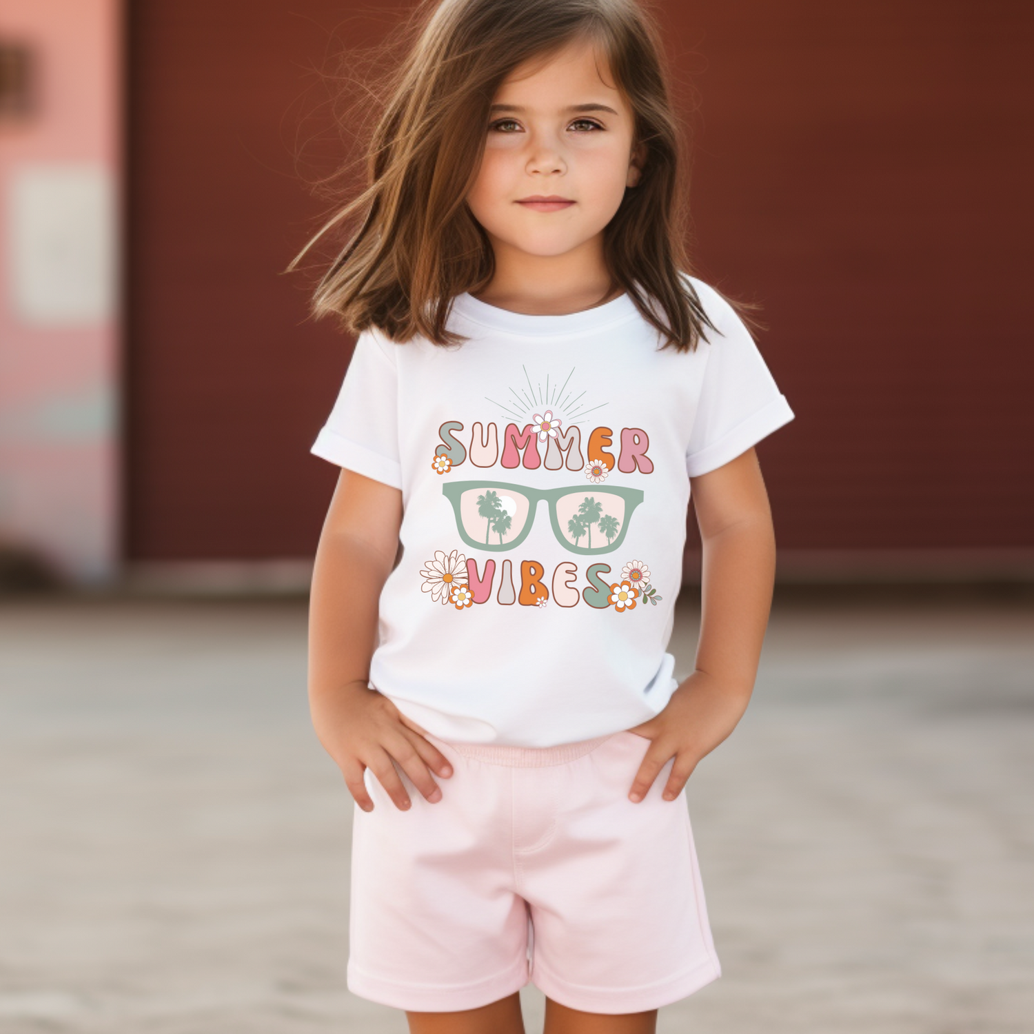 A young girl wearing a white t-shirt with a summer vibes printed design with retro themed sunglasses and flowers