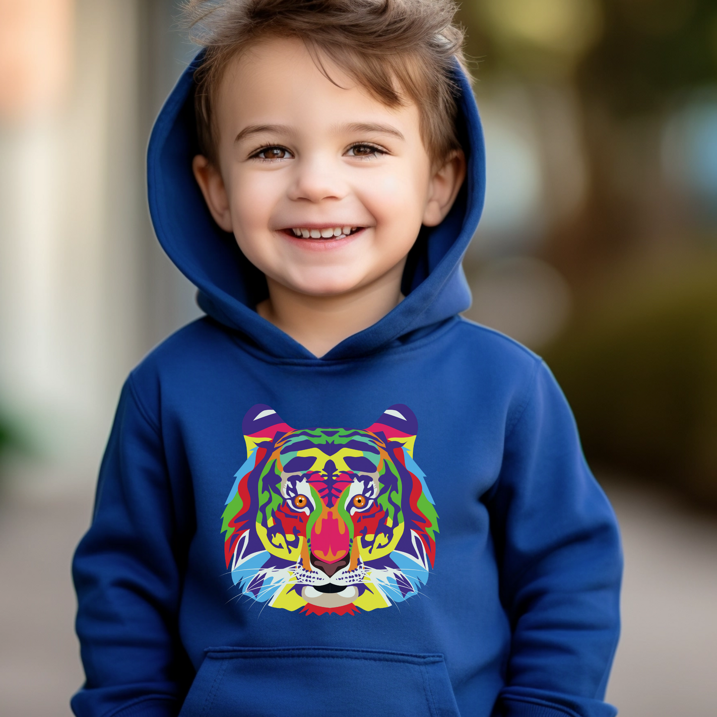 Unisex Kids Technicolour Tiger Face Pullover Hoodie | 3 - 13 years