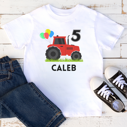 Boys white short sleeve t-shirt with printed tractor with balloons and personalised name and age 