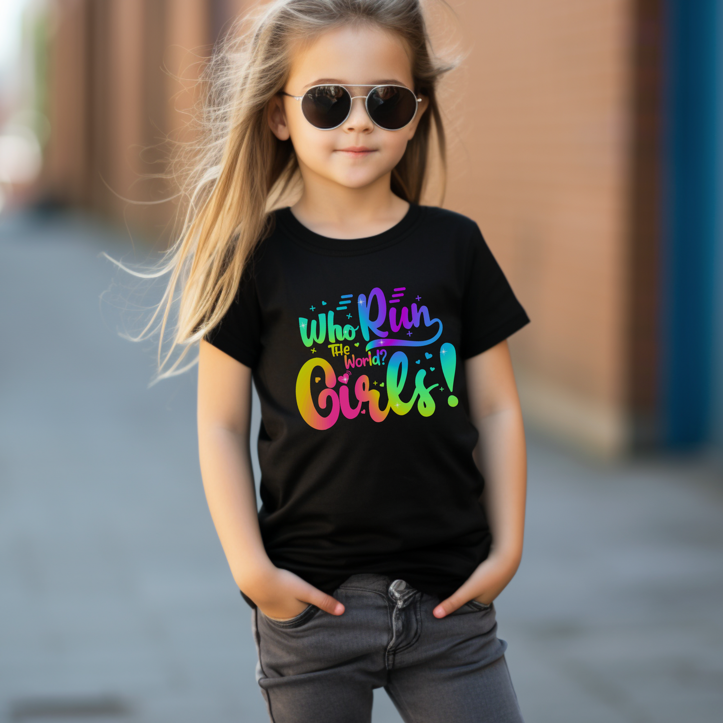 A girl wears a black short sleeved t-shirt with rainbow coloured slogan "Who run the world? Girls"